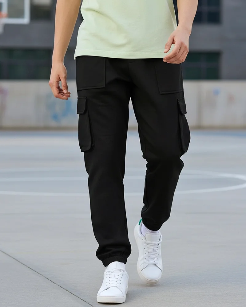 bewakoof Men's Black Oversized Cargo Warm Joggers